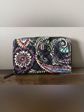 Vera Bradley Turn Lock Zippered Wallet-Black Petal Paisley RETIRED Pattern.